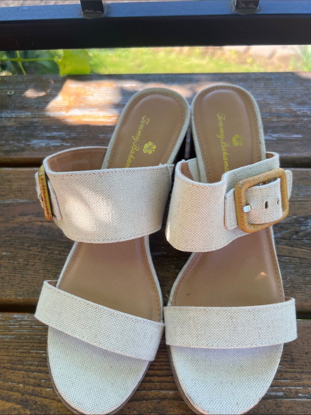 Tommy Bahama Trista Cream Linen Buckle Block Heel Sandals - Picture 4 of 13